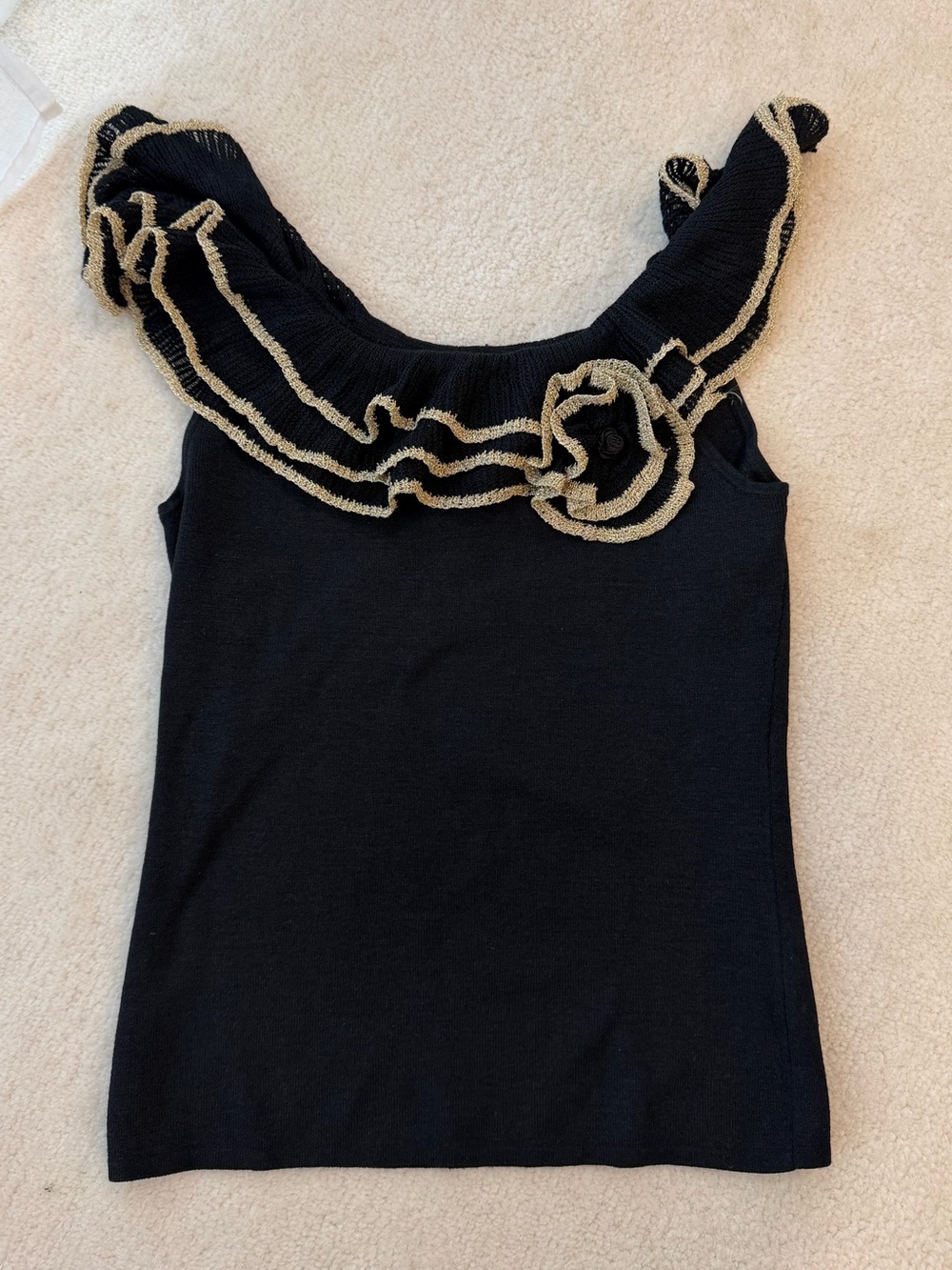 Cache Silk Black Ruffle-Trim Sleeveless Top with Gold Accent